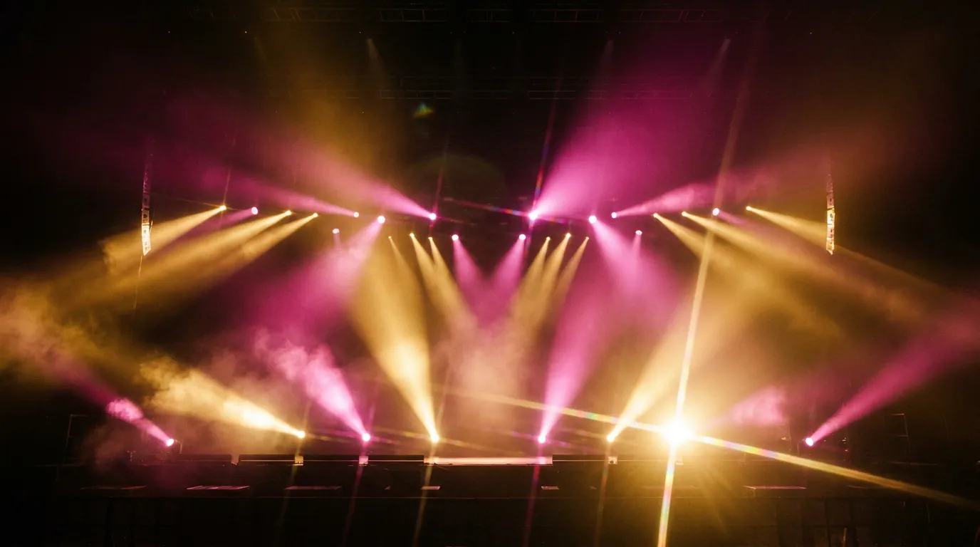 Stage lights illuminate a concert venue during a performance, showcasing creative arts training at CAQA Creative.