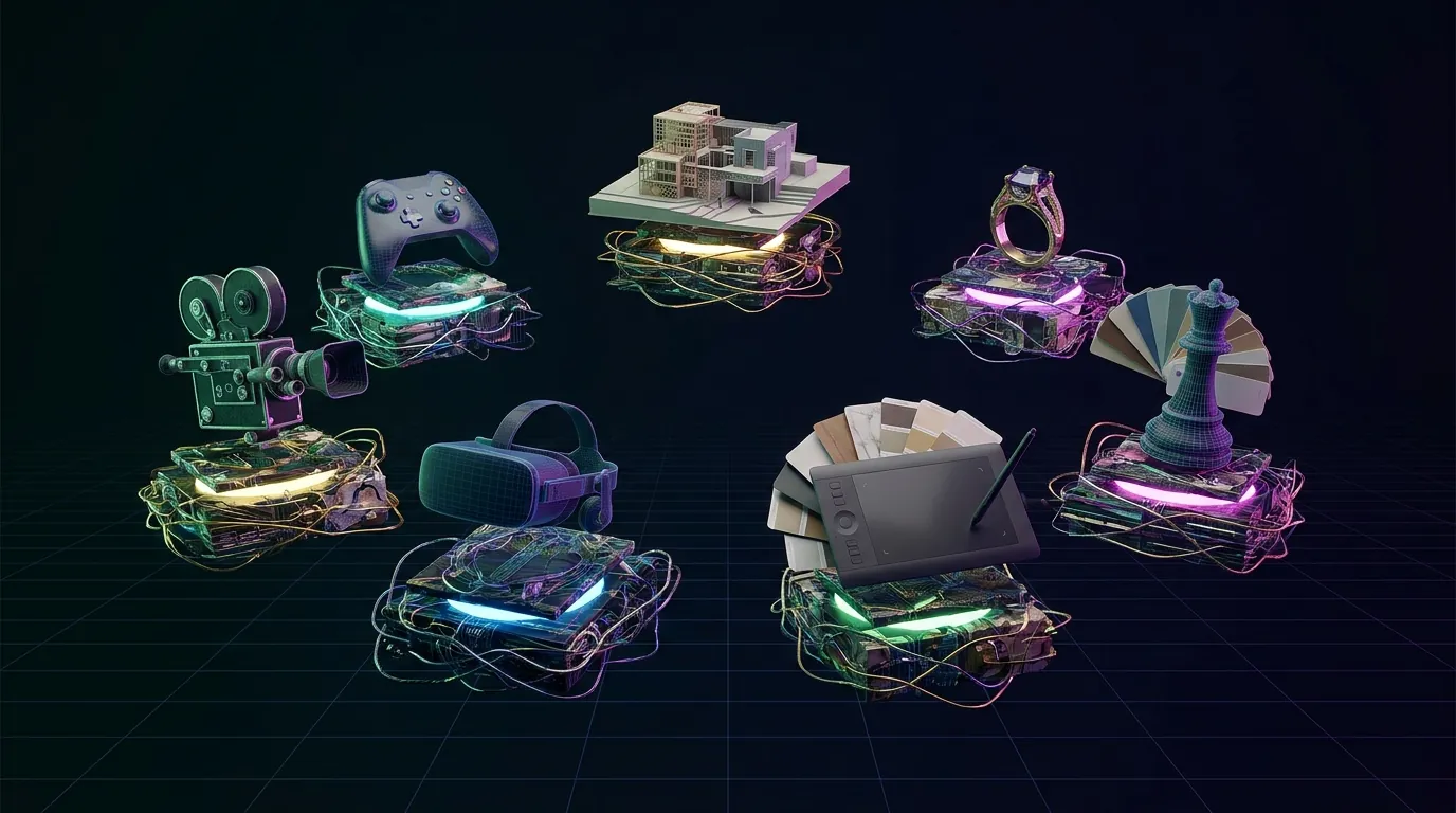 A collection of digital objects are displayed on illuminated platforms, representing creative arts training.