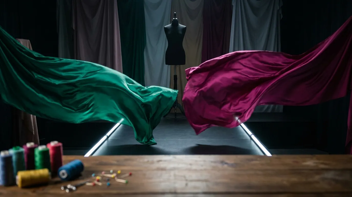 A dressmaker's workspace with fabrics and a mannequin demonstrates creative arts training.