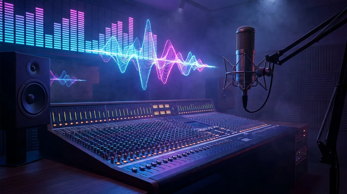 A professional recording studio with a mixing console and audio visualization offers creative arts training.