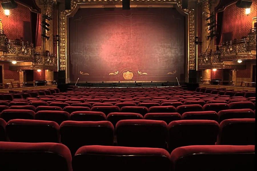 An ornate theater with red velvet seating provides a beautiful space for performing arts training.