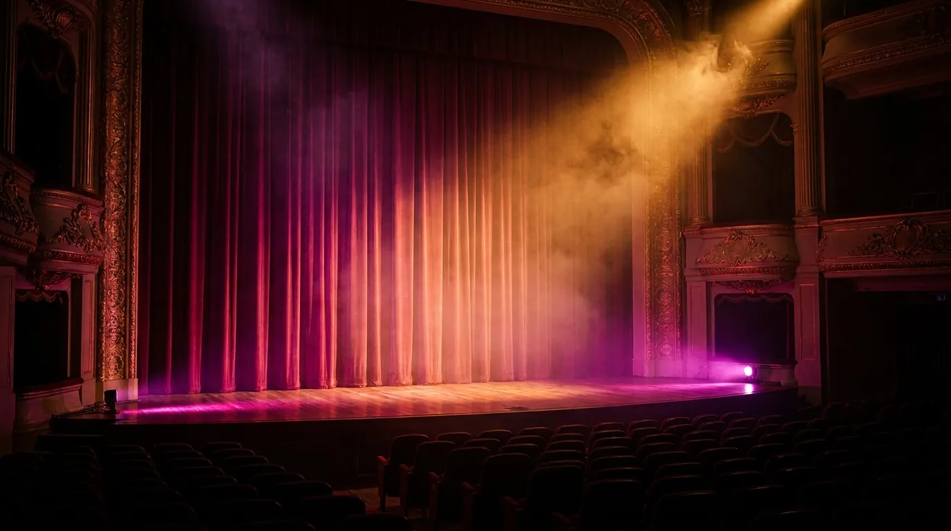 An ornate theater stage glows with pink and orange lighting before a performing arts performance.