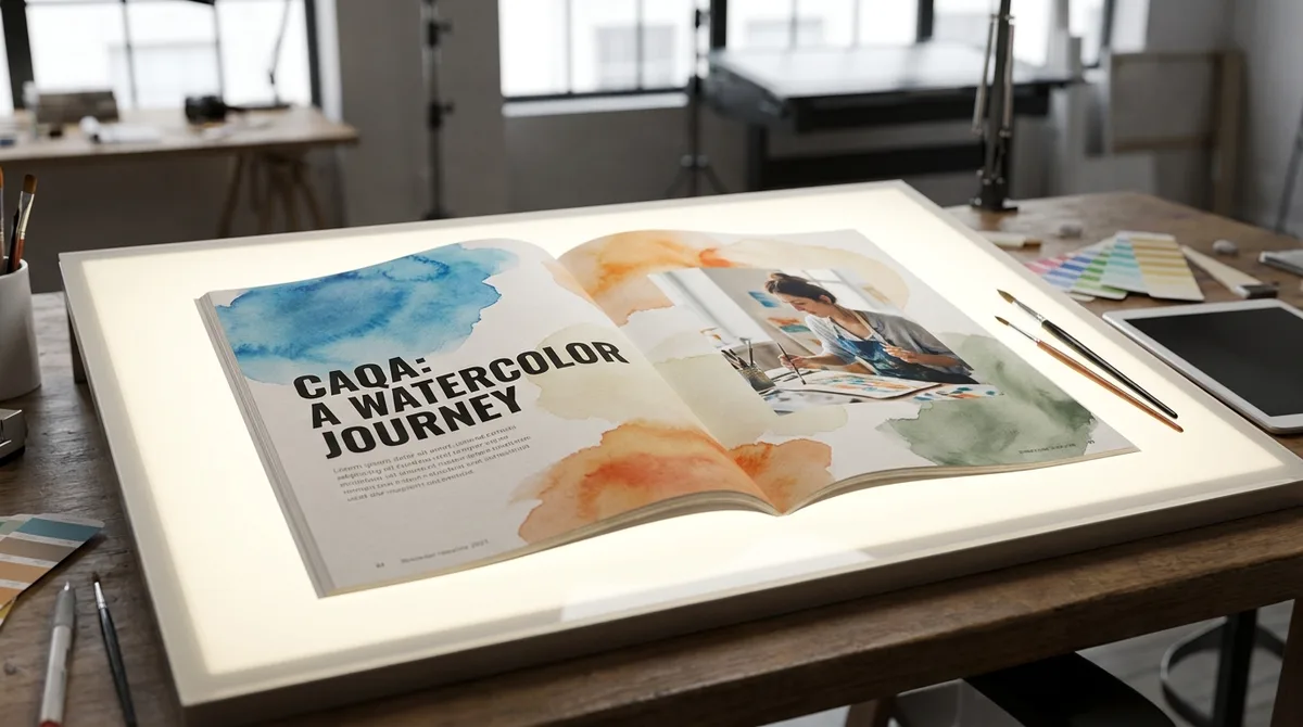 A watercolor painting is shown on a lighted tracing pad with art supplies, demonstrating creative arts training at CAQA.